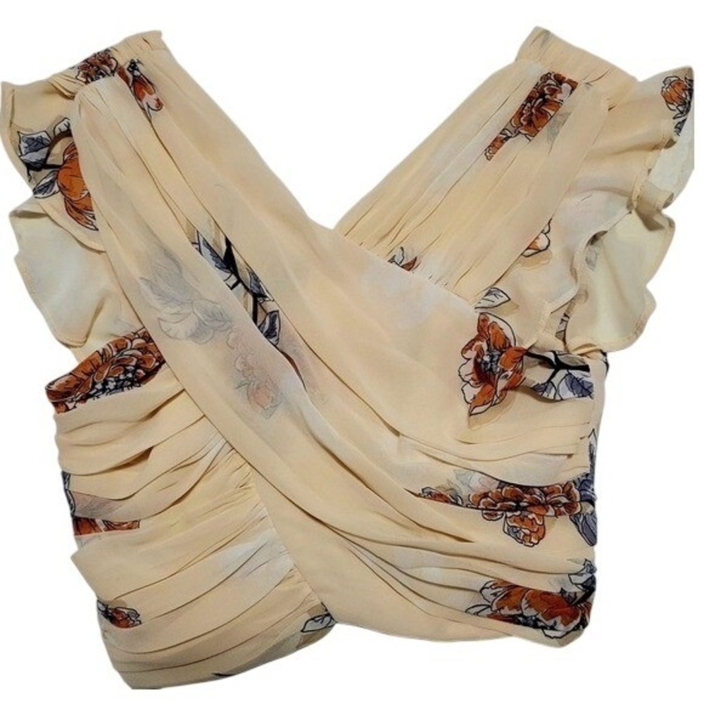 ASTR The Label Floral Pleated Surplice Crop Top Cream Orange Ruffle XS